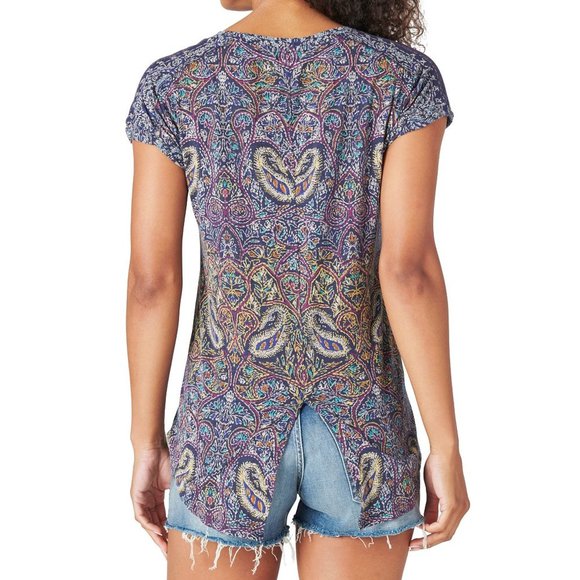 Lucky Brand Paisley Spilt Back Tee - Navy Multi - Picture 2 of 5